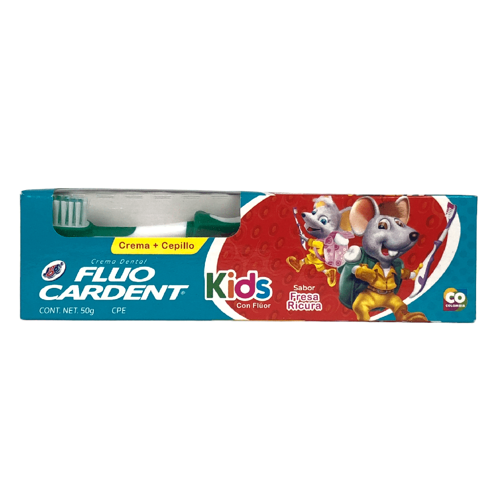 Crema Dental Fluocardent Kids Con Fluor Fresa Tubo x 50 G + Cepillo Unid (JGB)